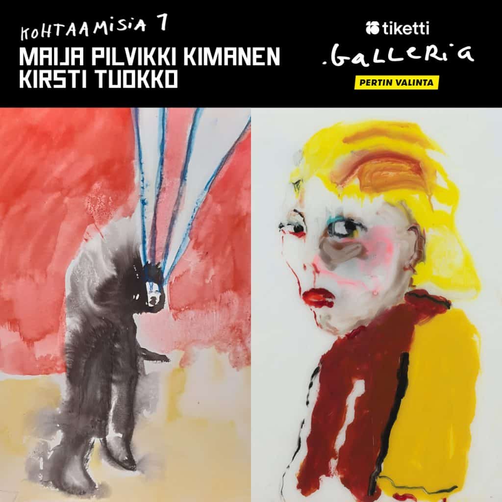 KOHTAAMISIA 1 -näyttely esittelee Maija Pilvikki Kimasen ja Kirsti Tuokon teoksia. Näyttelyn kuratoi Meeri Koutaniemi yhdessä gallerian työryhmän kanssa.