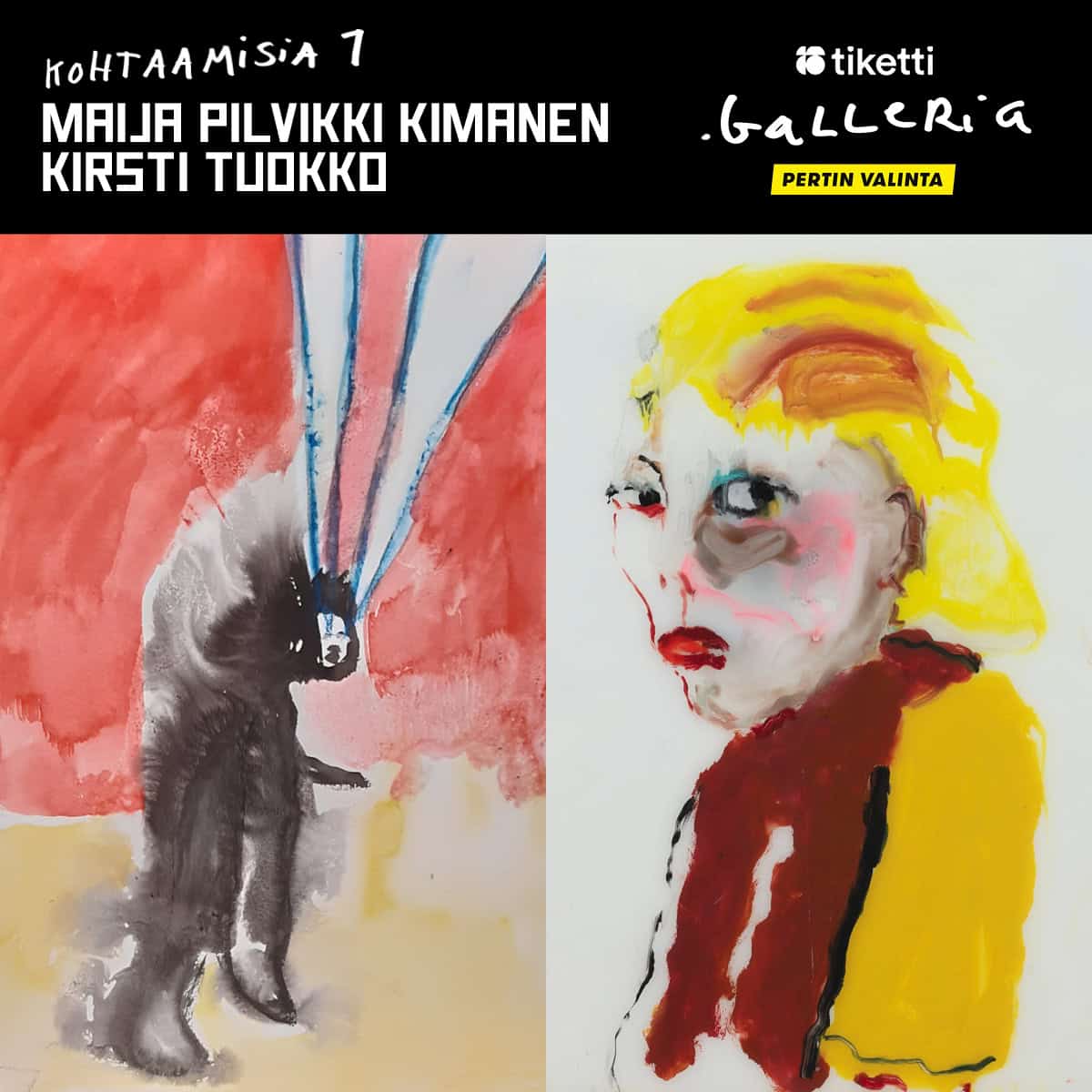 KOHTAAMISIA 1 -näyttely esittelee Maija Pilvikki Kimasen ja Kirsti Tuokon teoksia. Näyttelyn kuratoi Meeri Koutaniemi yhdessä gallerian työryhmän kanssa.